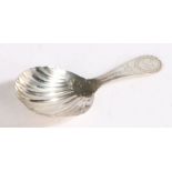 George III silver caddy spoon, London 1797, maker I.E or T.E, the bright cut handle initialled AE