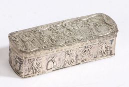 Dutch silver box and cover, the hinged lid decorated with figures surrounded by rococo scrolls,