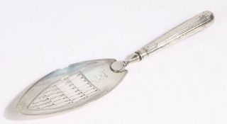 George III silver fish slice, London 1795, maker Michael Plummer, the reeded tapering handle above a