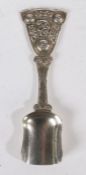 Alexander Ritchie Iona silver caddy spoon, the tapering handle with Celtic scroll decoration above a