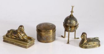 Collection of Egyptian revival and middle eastern brassware, to include two inkwells in the form