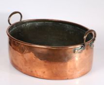 Large Victorian copper twin handled pan/pot, of oval form, handle either side, 52.5cm wide