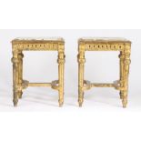 Pair of marble and gilt occasional tables, the square grey veined marble tops raised on pierced