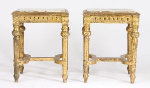 Pair of marble and gilt occasional tables, the square grey veined marble tops raised on pierced