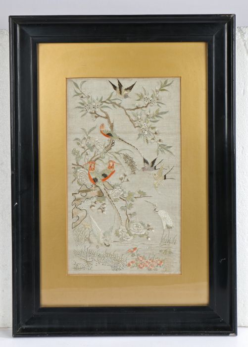 Chinese silk needlework picture depicting a crane and birds on a blossoming branch, housed in a gilt - Image 2 of 2