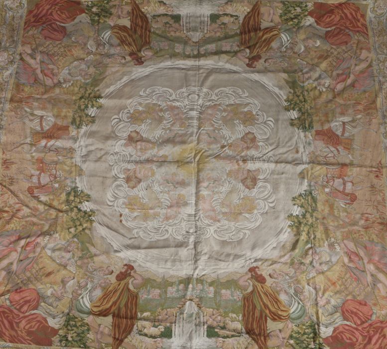 Textile wall hanging, with central depiction of the sun surrounded by clouds, the borders