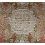 Textile wall hanging, with central depiction of the sun surrounded by clouds, the borders
