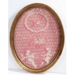 18th century French Toile De Jouy oval panel depicting a pair of putti/cherubs and nest of eagles,