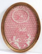 18th century French Toile De Jouy oval panel depicting a pair of putti/cherubs and nest of eagles,