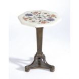 19th Century bronze and pietra dura miniature table, the octagonal pietra dura top with stylised