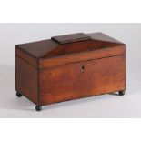 George III mahogany sarcophagus shaped tea caddy, with ebonised banding the lid opening to reveal