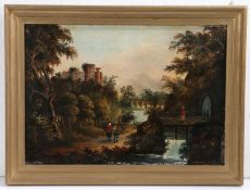 English School (19th Century), Figures in River Landscape with Distant Viaduct and Castle, oil on