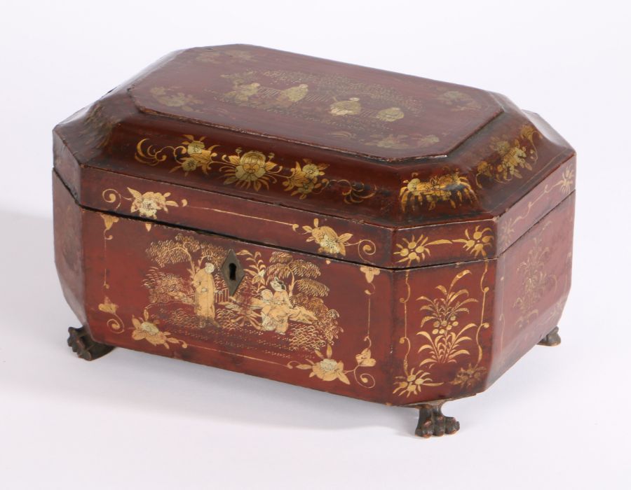 Early 20th Century Chinese red lacquered and gilt box of octagonal form, each panel depicting - Image 2 of 2