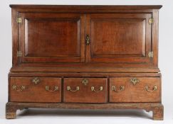 18th Century oak cupboard, with two panelled cupboard doors opening to reveal an interior shelf, the