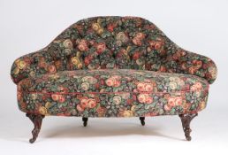 Edwardian parlour settee, the foliate upholstered shaped button back above a bow front seat,