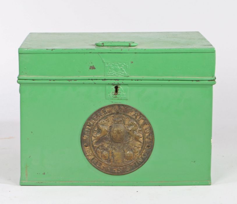 Milner's Patent Fire Resisting strong box/ safe, the green painted exterior with embossed brass - Image 3 of 6