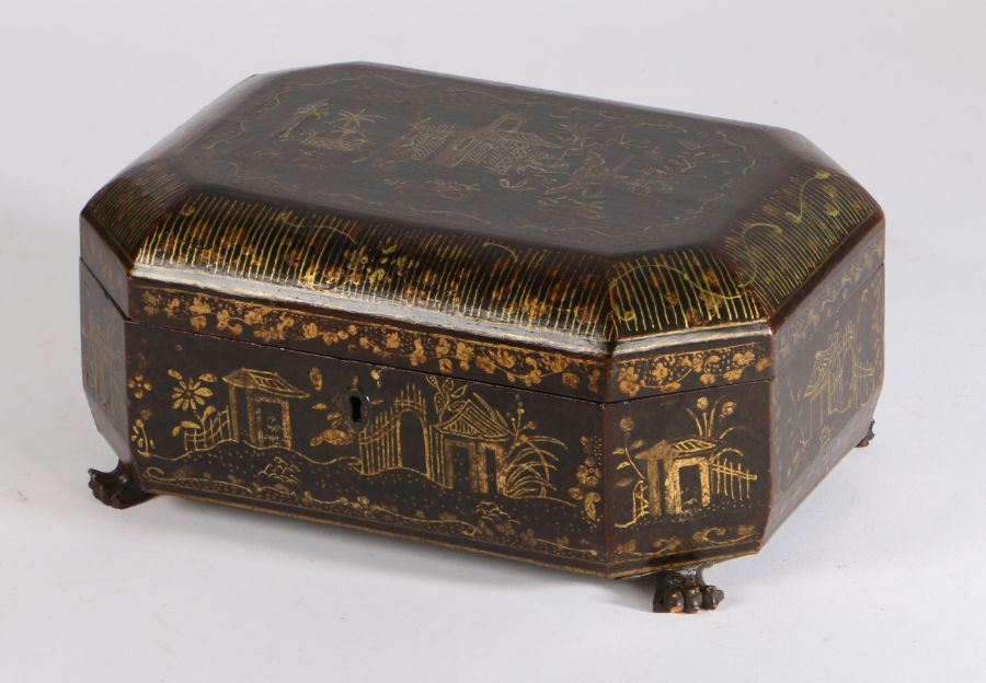 Early 20th Century Chinese black lacquered and gilt box of octagonal form, each panel designed