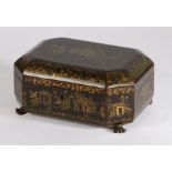 Early 20th Century Chinese black lacquered and gilt box of octagonal form, each panel designed