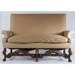 William and Mary style settee, the rectangular upholstered back above scrolled arms and loose