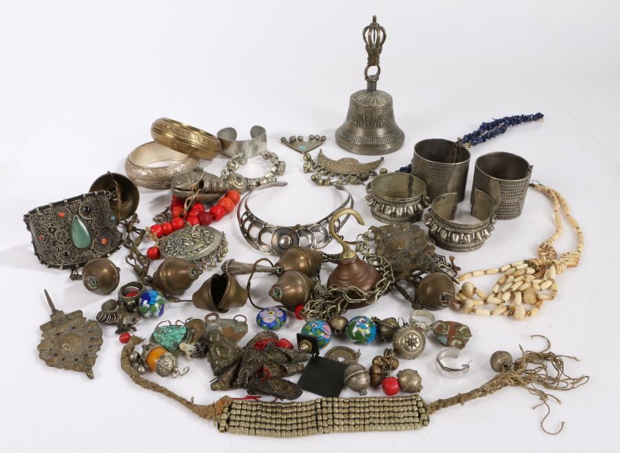 Tibetan temple bell with pierced crown form terminal, Turkoman bangles, pendants, beads, etc. (qty)