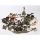 Tibetan temple bell with pierced crown form terminal, Turkoman bangles, pendants, beads, etc. (qty)