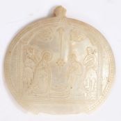 Mother of pearl holy water scoop depicting the scene of Jesus Christs birth, 13cm by 13cm