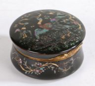 18th century black lacquered tortoiseshell snuff box, of circular form, the hinged cover with