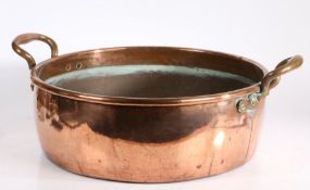Very large Victorian copper twin handled pan/pot, of circular form, brass handle either side, 54cm