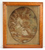 George III silk picture depicting St. James with scallop shell, housed in a glazed maple frame, 43.