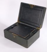 Victorian black leather accountants box, the hinged lid having brass carrying handle, and initialled