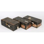 Set of three early 20th Century cabin trunks, the lids with oval brass name plates engraved "Dr J.