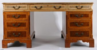 Victorian style partners desk, the tooled green leatherette inset top with three frieze drawers to