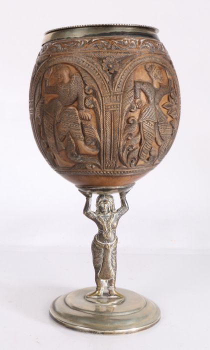 19th Century Indian coconut cup, the removable cup with beaded rim above the coconut carved with