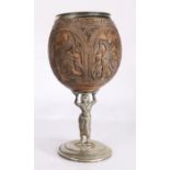 19th Century Indian coconut cup, the removable cup with beaded rim above the coconut carved with