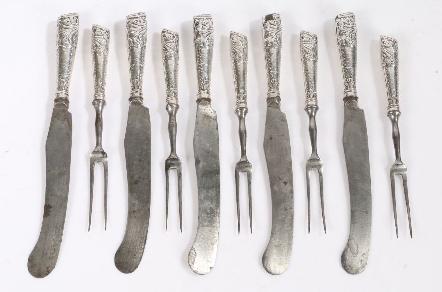 Set of five George III sterling silver foil handled knives and forks, circa 1760/70, the twin