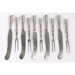 Set of five George III sterling silver foil handled knives and forks, circa 1760/70, the twin