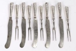 Set of five George III sterling silver foil handled knives and forks, circa 1760/70, the twin