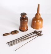 Collection of treen objects to include beechwood funnel, spice grinder, nut cracker, set of metal