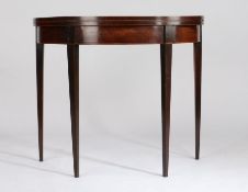 George III Mahogany demi lune card table, the hinged top opening to reveal a  blue baize lined