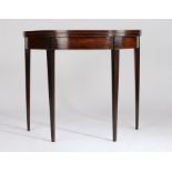 George III Mahogany demi lune card table, the hinged top opening to reveal a  blue baize lined