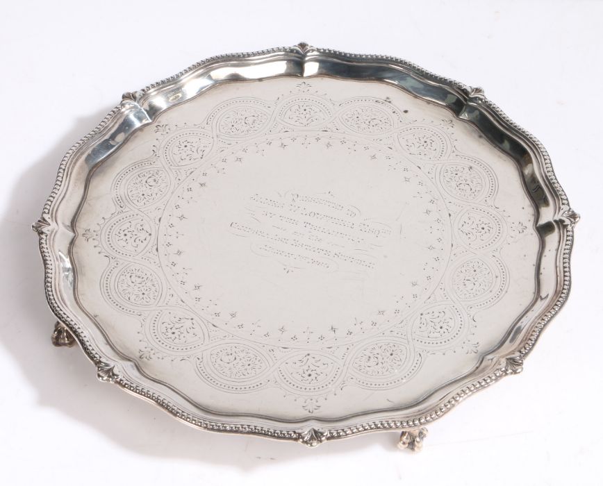 Victorian silver salver, London 1875, maker Thomas Bradbury & Sons, the central field engraved "