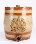 Victorian salt glazed stoneware spirit barrel, the body with royal coat of arms, 25cm wide, 26cm
