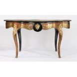 19th Century Boulle centre table, the scarlet tortoiseshell top with cut brass scrolls, swags, masks