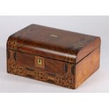 Victorian walnut marquetry inlaid sewing box, the domed top with two bands of inlaid running