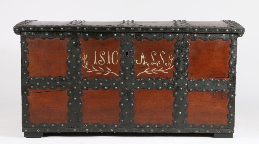 19th Century Swedish studded oak chest, the slightly domed lid with metal banding, the metal