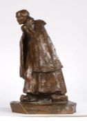 19th/20th century Dutch bronze depicting an elderly woman wearing a cloak and clogs, her hands