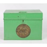 Milner's Patent Fire Resisting strong box/ safe, the green painted exterior with embossed brass