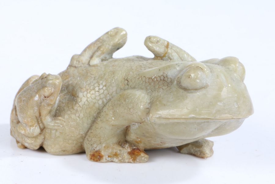 Chinese carved soapstone frog, with a further three small frogs to it's back, 13.5cm wide