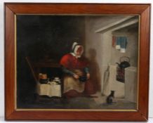 English School (19th Century) Interior Scene with Seated Lady and Cat oil on canvas 35 x 45cm (14