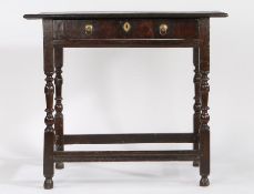 Oak side table, circa 1700, with frieze drawer, raised on turned legs and chamfered stretchers